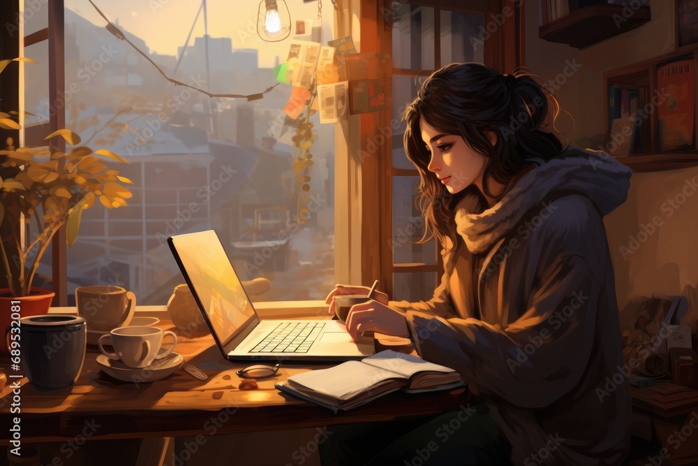 Young woman sitting at the table in front of window and using laptop, A woman in a cozy home setting, sipping coffee while working on her laptop, AI Generated Young woman sitting at the table in front of window and using laptop, A woman in a cozy home setting, sipping coffee while working on her laptop, AI Generated