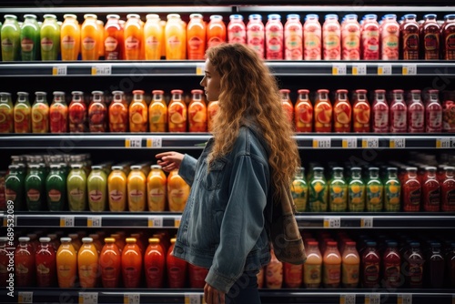 Rear view of woman looking at bottle of fresh juice in supermarket, A woman in a supermarket, selects juice from the shelf, AI Generated