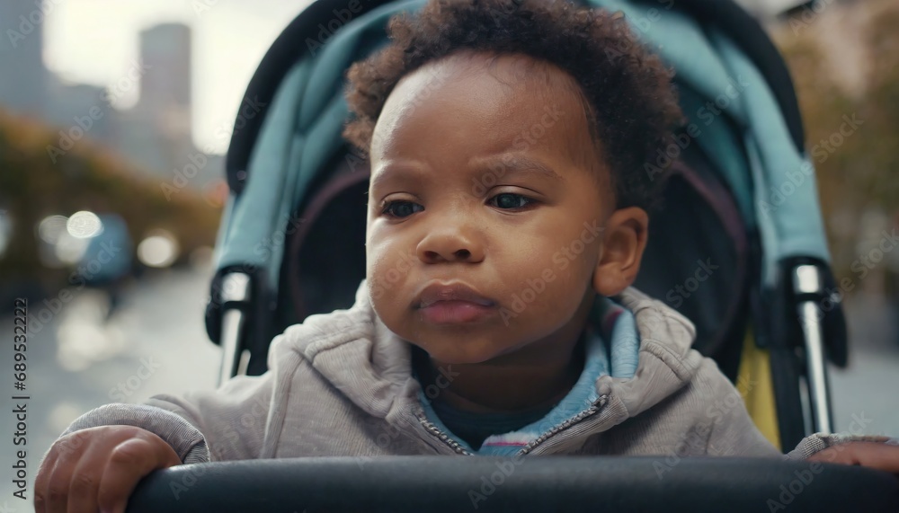 young child sitting in a stroller, crying and looking sad