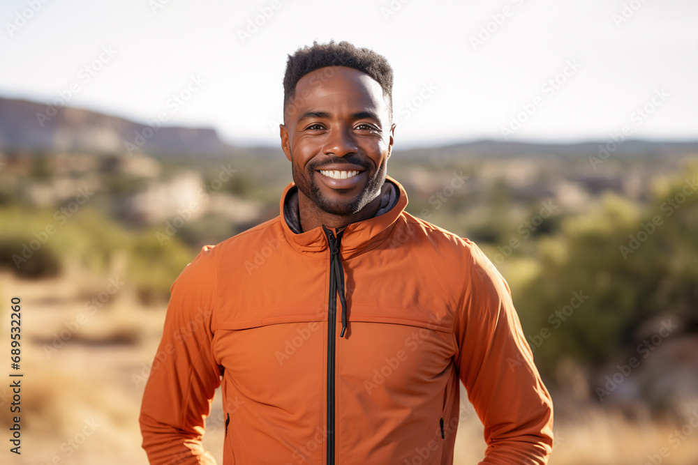 Young handsome african american man in sports clothes standing outdoors in the nature on a beautiful day, ready for activity, smiling at camera.
