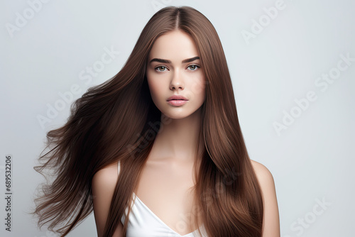 picture of young attractive woman model with stunning flattering long hairstyle, white background