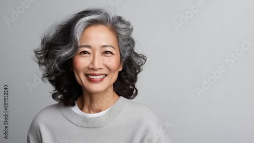 Beautiful happy mature Asian woman with smooth healthy skin smiling at camera, professional studio portrait shot.