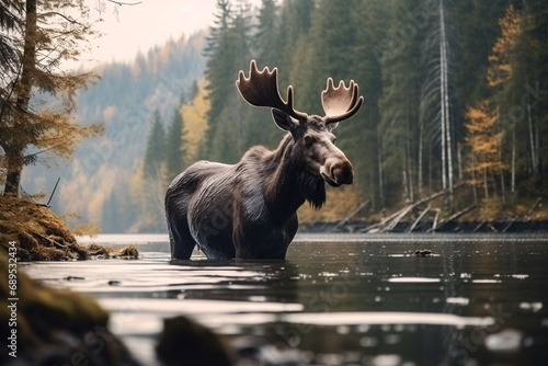 A close-up photo of a moose standing in the water and looking at distance, isolated nature and blur background... photo
