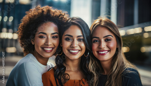 Three women posing together. wearing makeup and styled hair. smiling, enjoying