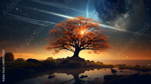 Fantasy landscape with tree and starry sky.