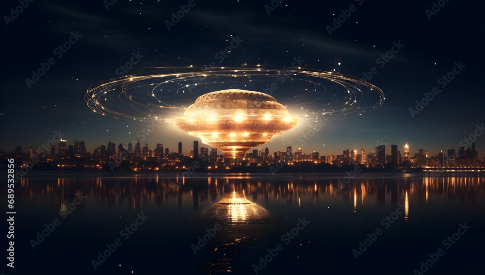 Futuristic UFO flying over the city. Flying saucer over the city at night.
