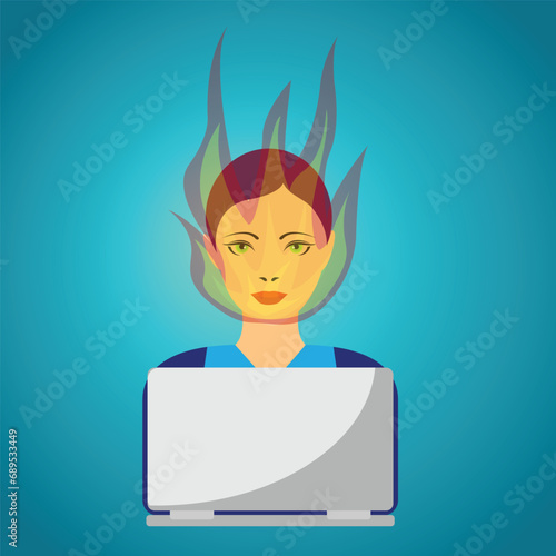 Young woman in front of a laptop with head on fire, burnout concept