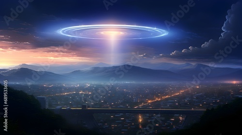 Fantasy landscape with mountains and city at night.  Futuristic cityscape with planet earth in the sky.