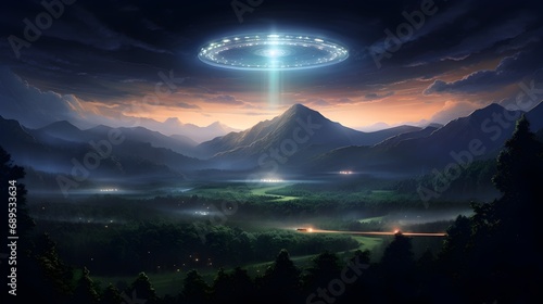 Fantasy landscape with mountains and city at night.  Futuristic cityscape with planet earth in the sky.