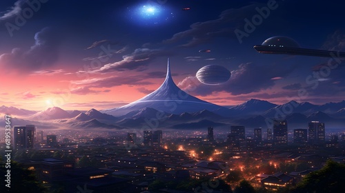 Fantasy alien planet and city at night.