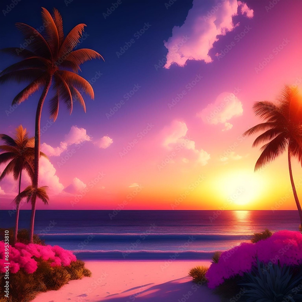 Attractive Beach Nature Landscape with Palm Trees and Flowers during Sunset Illustration