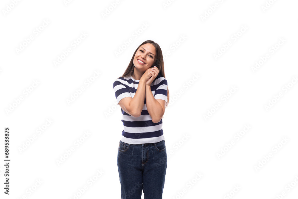 smiling slim young brunette woman with straight hair dressed in a striped t-shirt smiling slim young brunette woman with straight hair dressed in a striped t-shirt