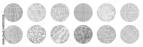 Set of hand drawn pencil crosshatch shapes. Doodle and sketch style. Black squiggle texture of rain, wood, wave. Circle with grunge lines.