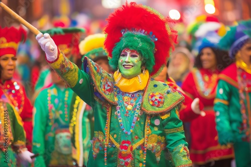 Elegant Carnival Participants in Vibrant Attire and Ornate Masks. A Celebration of Colors