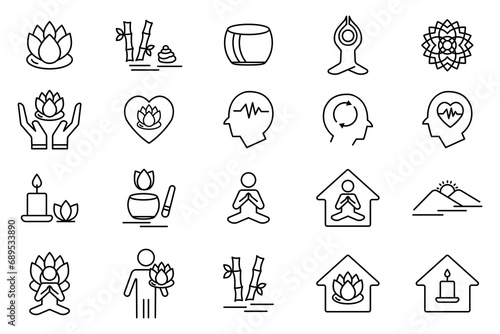 meditation icon set. lotus flower, yoga, meditation, mandala, zen garden, mental, etc. line icon style design. simple vector design editable