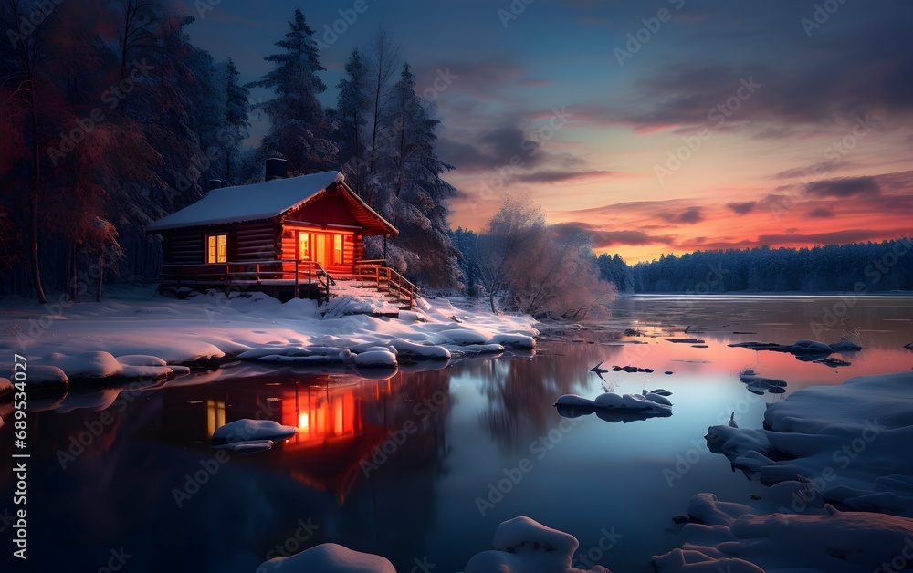 Fototapeta premium Foggy house on the shore of Lake. Beautiful wooden house on the lake at night in winter forest.