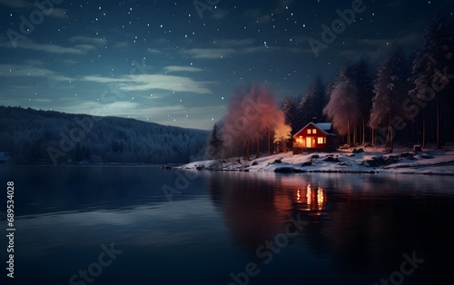 Foggy house on the shore of Lake. Beautiful wooden house on the lake at night in winter forest.