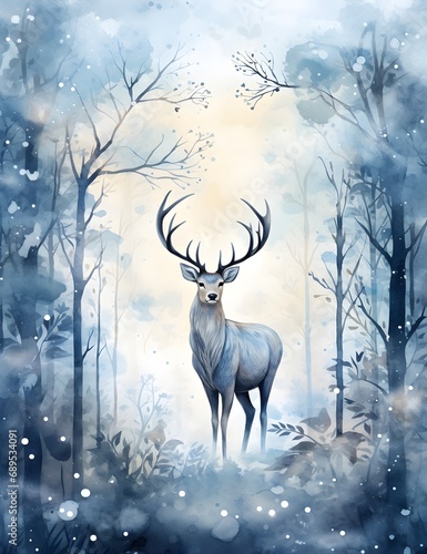 Deer with big antlers in the forest. Christmas background. © CosmicAtmoDN