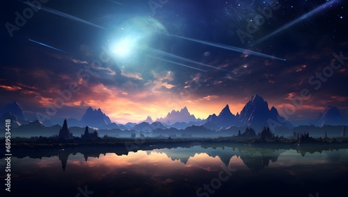 Fantasy alien planet. mountain and lake background.