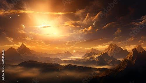 Fantasy alien planet. mountain and lake background.