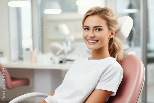 Young smiling woman sitting on chair at dentist office. Dental care, healthy teeth photo