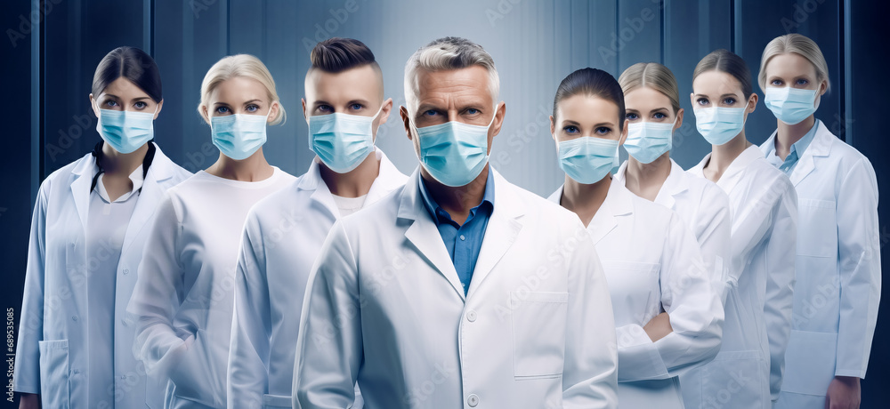 Obraz premium Group of doctors with face masks looking at camera, corona virus concept