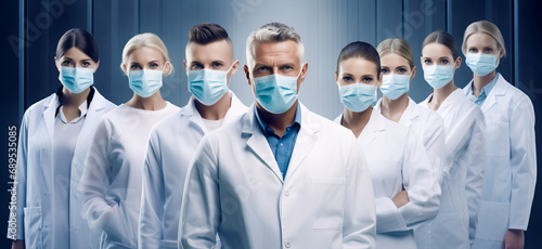 Group of doctors with face masks looking at camera, corona virus concept