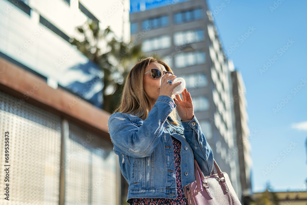 Fototapeta premium Cheerful Woman In The Street Drinking Morning Coffee. 