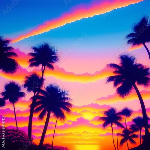 Pleasing Beach Landscape with Palm Trees and Beautiful Sunset Illustration