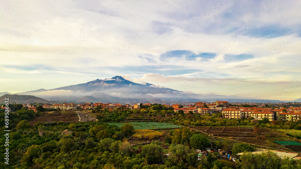 Naklejka premium Aerial View of Mount Etna and Aci Sant'Antonio Landscape