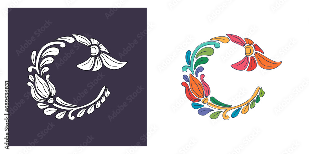 Letter C logo with botanical and flower pattern. Traditional leaves and curved lines embroidery ornament. Icon for wedding ceremony, vintage greeting cards, birthday identity and party invitations.