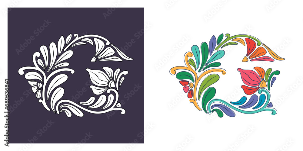 Letter G logo with botanical and flower pattern. Traditional leaves and curved lines embroidery ornament. Icon for wedding ceremony, vintage greeting cards, birthday identity and party invitations. Letter G logo with botanical and flower pattern. Traditional leaves and curved lines embroidery ornament. Icon for wedding ceremony, vintage greeting cards, birthday identity and party invitations.