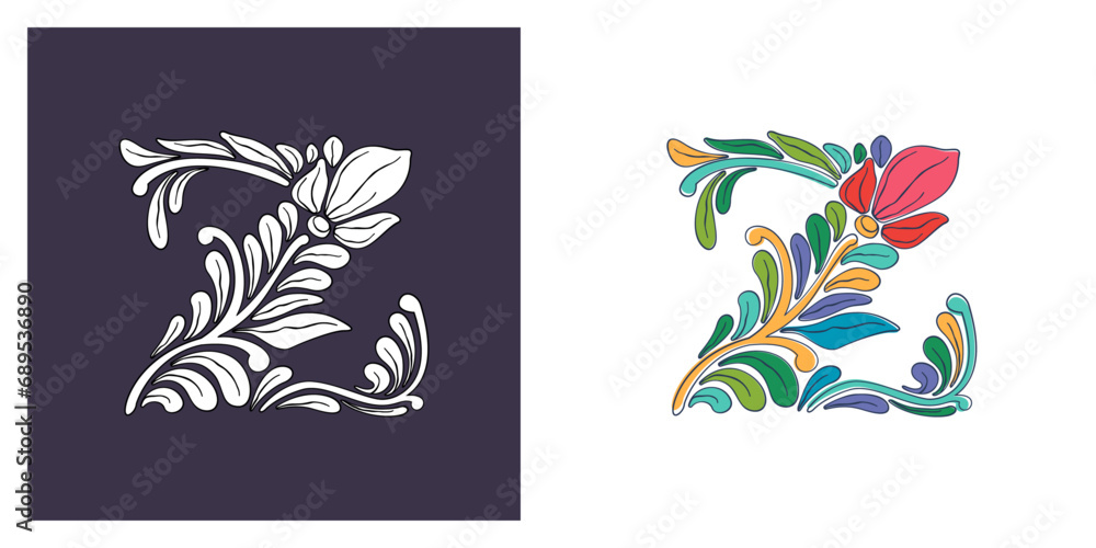 Letter Z logo with botanical and flower pattern. Traditional leaves and curved lines embroidery ornament. Icon for wedding ceremony, vintage greeting cards, birthday identity and party invitations. Letter Z logo with botanical and flower pattern. Traditional leaves and curved lines embroidery ornament. Icon for wedding ceremony, vintage greeting cards, birthday identity and party invitations.
