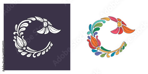 Letter C logo with botanical and flower pattern. Traditional leaves and curved lines embroidery ornament. Icon for wedding ceremony  vintage greeting cards  birthday identity and party invitations.