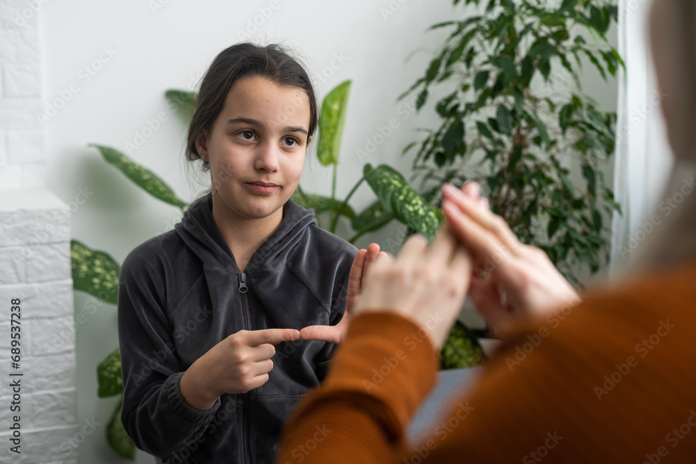 daughter talk with middle aged mother people using sign language ...