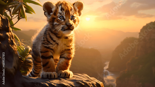 Cute little striped bengal tiger cub standing in a high rock in safari, African wildlife nature, horizon view of savanna jungles and sunny valleys full of predators and wild cats photo