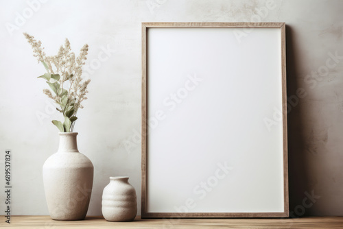 Wooden frame with white background, for advertising. Generative AI.