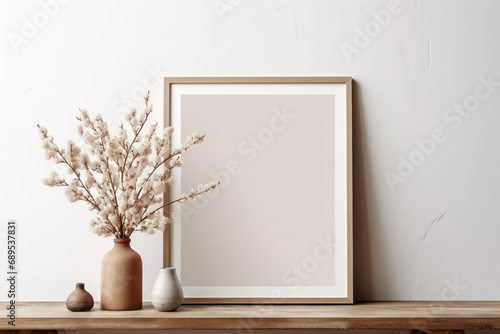 Wooden frame with white background, for advertising. Generative AI.