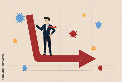Economic problems in L shape long term recession or major depression of Corona Virus COVID-19 crash concept, depressed desperate businessman on economic L shape graph and graph with coronavirus.