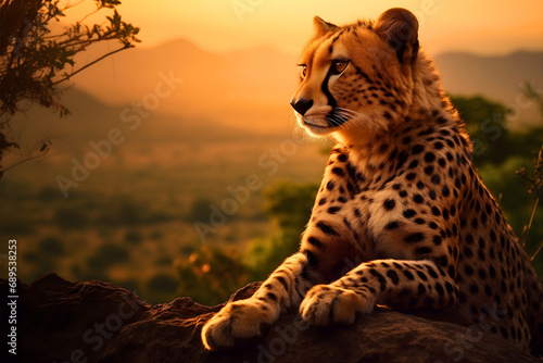 Close up photography of a spotted cheetah predator animal in sunny safari nature, resting on a rock and looking at the African wildlife landscapes