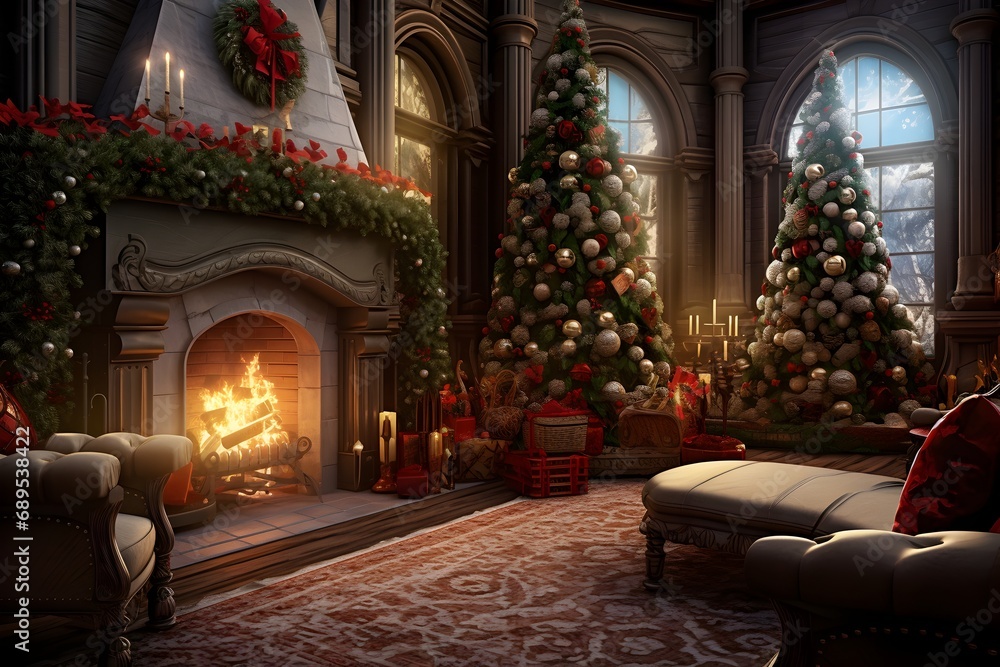 Christmas living room interior with fireplace and christmas tree. Winter Christmas and New Year background.