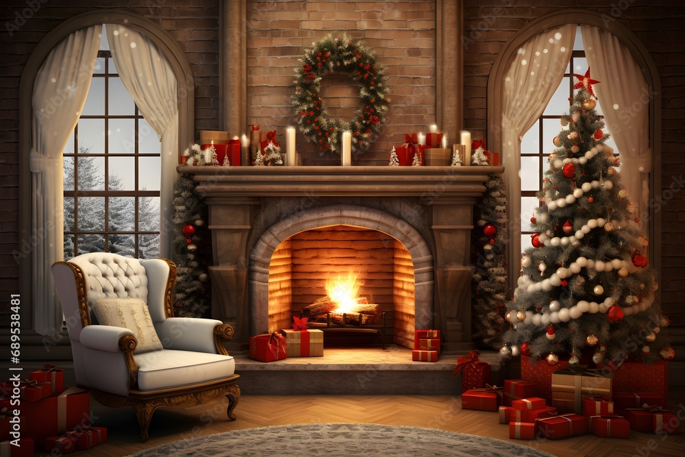 Christmas living room interior with fireplace and christmas tree. Winter Christmas and New Year background.