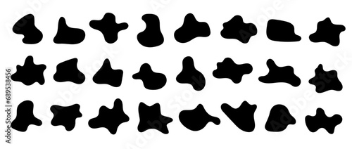 Abstract organic shapes set. Irregular liquid forms collection. Black amoeba blobs, blotches, drops and stains pack. Different design elements for label, sticker, banner, bubble, label. Vector bundle