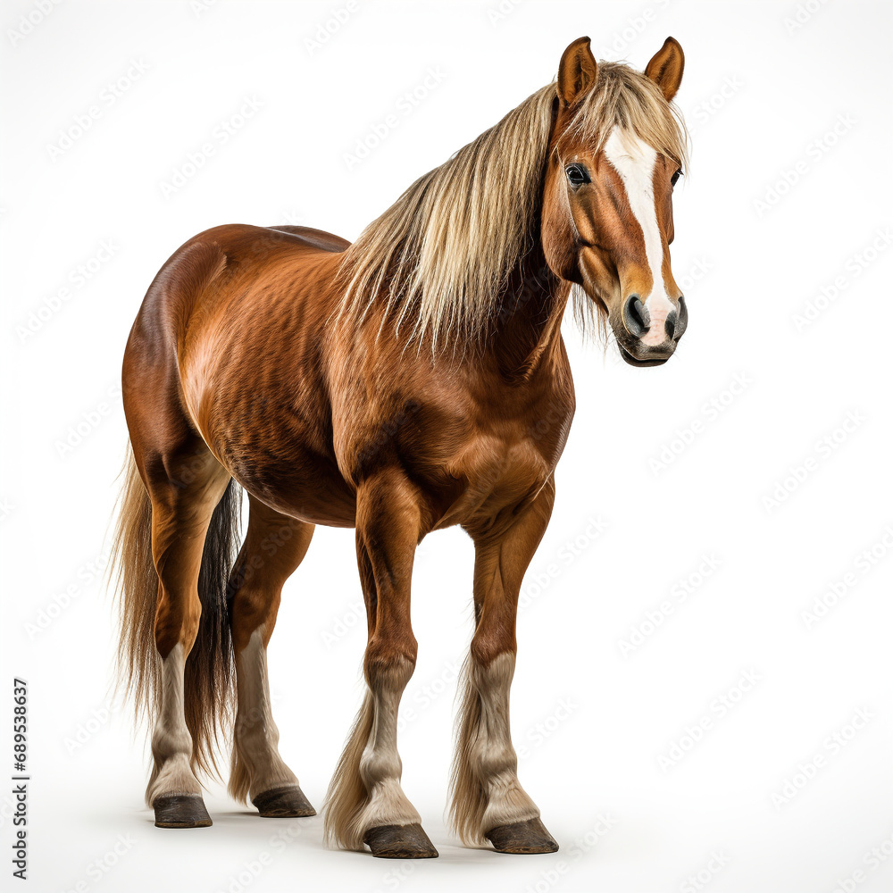 Obraz premium A majestic sorrel stallion stands proudly with its flowing mane and powerful brown snout. White isolated