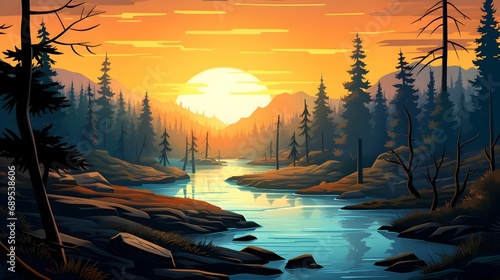 Fantasy landscape with river, forest and sunset. Background.