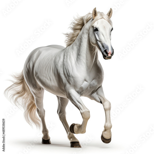 A magnificent white stallion galloping proudly  its long mane and sorrel liver flowing gracefully in the wind. White isolated
