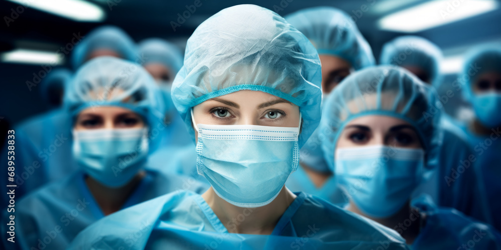 Surgeons Team. Doctors wearing protective uniform after operation, looking at camera