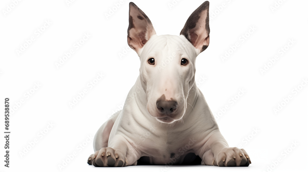 A adoreable terrier in laying position, white background