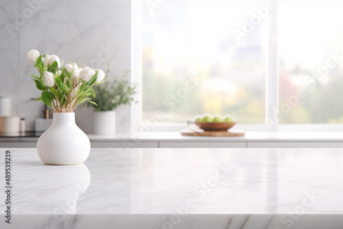 Empty Marble Kitchen Counter Top Table Modern Display Luxury Room Blurred Background