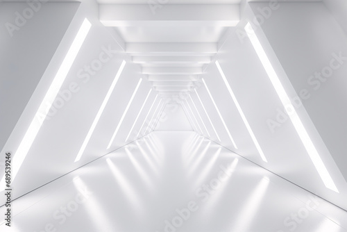 Empty Long Light Corridor, Futuristic Modern White Sci-Fi Triangle Tunnel Background